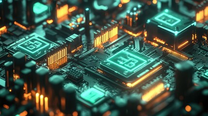 Fototapeta premium Abstract Close-Up of a Futuristic Circuit Board with Neon Lights, Microchips, and Complex Patterns in a Technological Environment