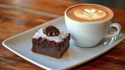 Delicious chocolate brownie with creamy frosting served alongside a perfectly crafted latte in a cozy cafe setting on a wooden table