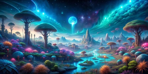 A Lush Fantasy Landscape with Glowing Trees and a Winding River, Digital Painting, Blue and Green Palette, Dreamscape, Fantasy Art, Magical Forest, Nature