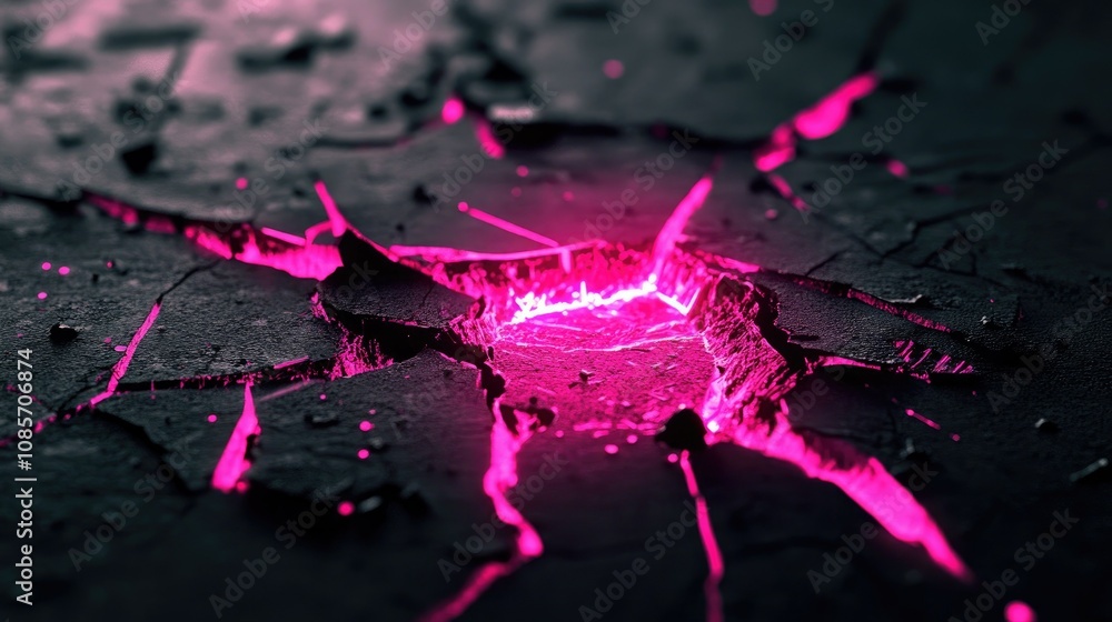 Poster close-up view of cracked surface with neon pink light emitting from crevices, creating a vibrant and