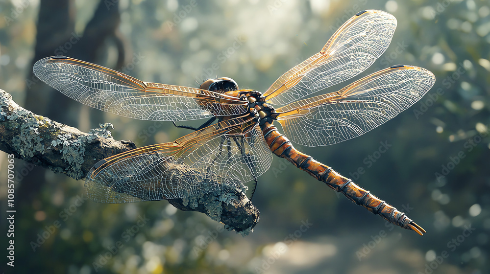Poster a close-up view of a dragonfly resting on a branch, showcasing its intricate wings and vibrant color