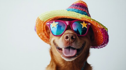 Obraz premium Happy Dog in Colorful Hat and Sunglasses with Bright Reflection on Glasses, Enjoying Summer Vibes, Playful and Cheerful Atmosphere for Fun Pet Photography