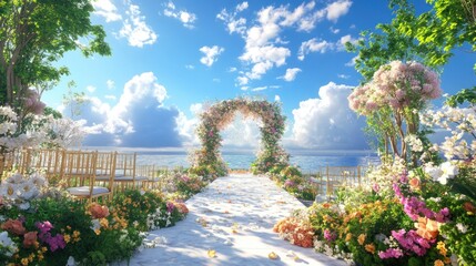 A floral archway with chairs and a white runner leading to a beach with the blue sky and white clouds in the background.