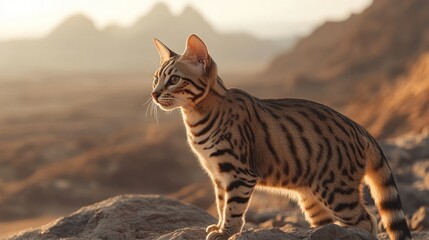 Obraz premium cat stands on a rocky outcrop, gazing into the distant landscape at sunset.