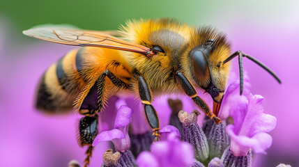 Close-up of a Honeybee on Lavender: A macro shot reveals the intricate details of a honeybee as it diligently gathers nectar from a vibrant lavender bloom.