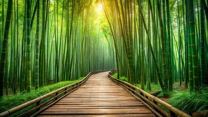 Fototapeta premium Serene Bamboo Forest Path A Wooden Walkway Through Lush Greenery Under Sunlight