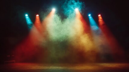 Vibrant stage lights and colorful spotlights create dramatic atmosphere in concert and theatre