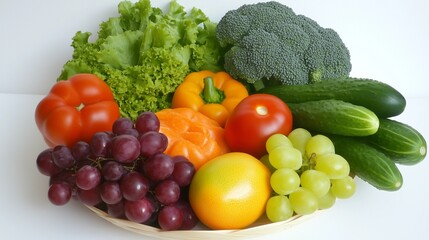 Close-up of vibrant fresh vegetables and fruits arranged in a perfect circular pattern on a white background. This composition represents a healthy metabolism concept, emphasizing organic nutrition