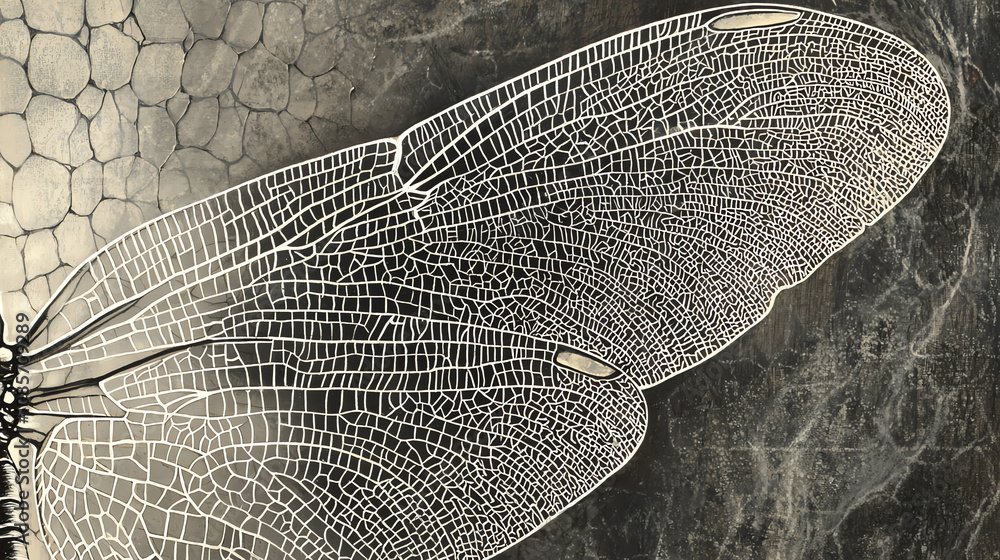 Poster Close-up view of a dragonfly's wings showcasing their intricate patterns and textures in a natural setting during daylight