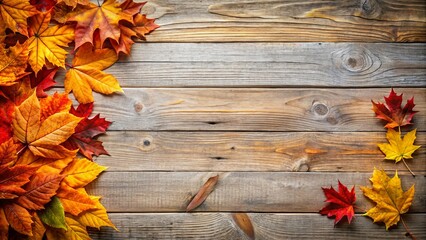 Fototapeta premium Rustic Wooden Background with Vibrant Autumn Leaves Arranged for Seasonal Design