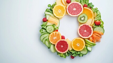 Close-up of vibrant fresh vegetables and fruits arranged in a perfect circular pattern on a white background. This composition represents a healthy metabolism concept, emphasizing organic nutrition