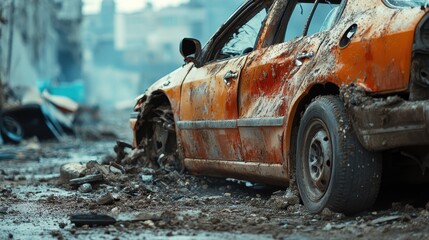 Fototapeta premium The car demolished vehicle wheel.