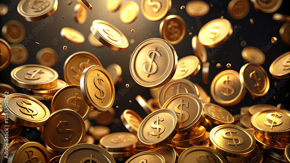 Poster a cascade of shiny golden coins is falling through the air, creating a sense of motion and wealth in