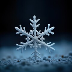 Detailed macro photo of intricate snowflake. Winter wonderland. Frozen ice crystal. White detailed structure. Dark backdrop. Snow. Ice. Winter. Nature. Beauty of nature. Macro shot. Crystal.