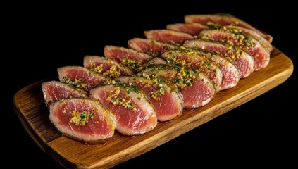 Obraz premium Elegant marinated seared tuna slices on wooden board with wasabi sauce for fresh flavor. Tuna dish presentation.