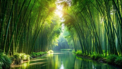 Fototapeta premium Serene waterway meandering through a lush bamboo forest bathed in sunlight