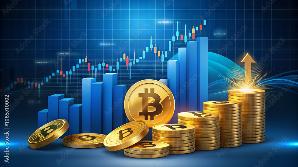 Poster stacks of bitcoin coins are displayed in front of a vibrant graph showing upward trends in cryptocur