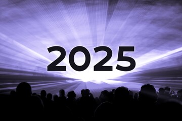 Happy new year 2025 purple laser show party people crowd. Luxury entertainment with audience silhouettes turn of the year celebration. Premium nightlife event at holidays season party time