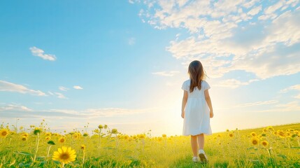Fototapeta premium Child in white dress walking through sunlit sunflower field under blue sky