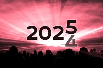 Turn of the year 2024 2025 red laser show party. Luxury entertainment with people crowd audience silhouettes at new year celebration. Premium nightlife event at holidays season time
