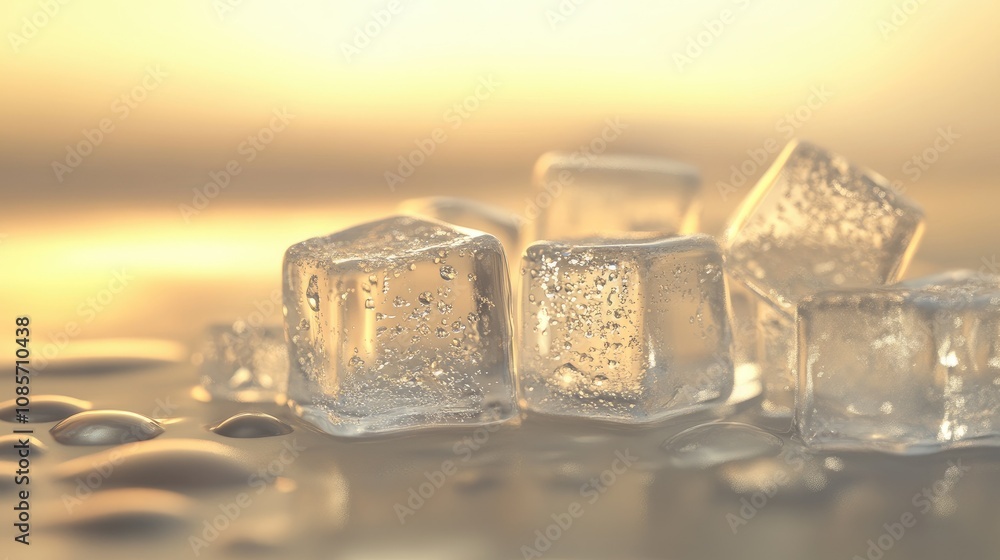 Poster clear ice cubes on a reflective surface with soft golden background creating a warm, inviting atmosp