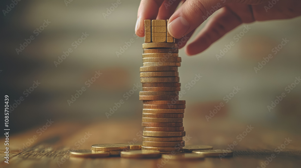 Poster hand pulling one block from a shaky tower of stacked coins, symbolizing risk and decision-making in 