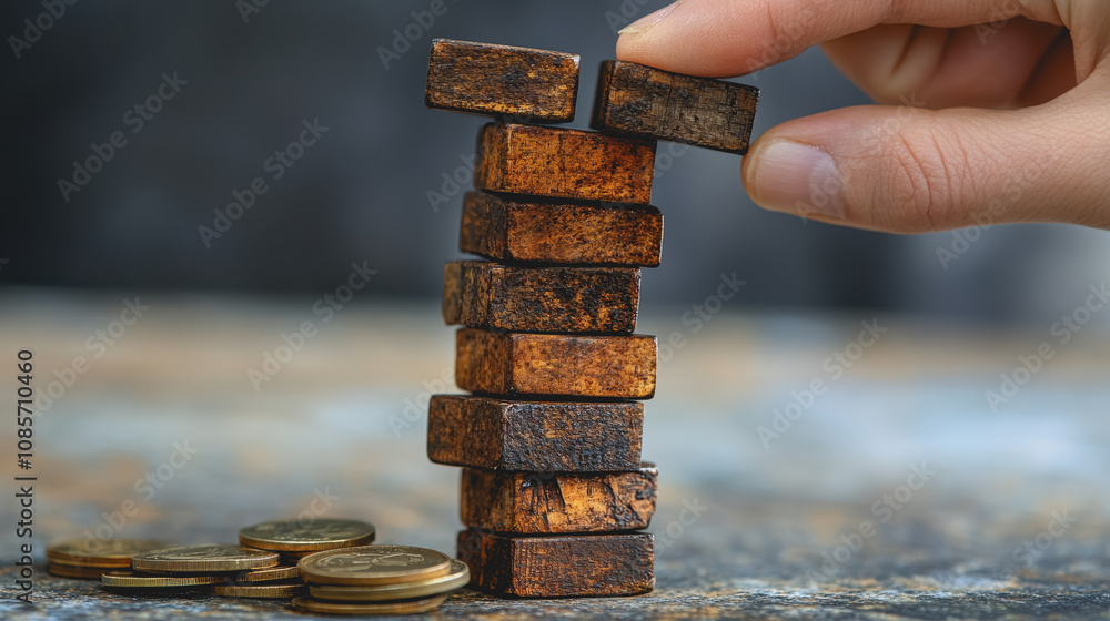 Poster close-up of a hand pulling a block from a shaky tower of wooden stacked blocks, symbolizing balance 