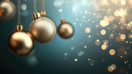 Fototapeta premium Elegant and Shimmering Christmas Ornaments Hanging Against a Soft Blue Background with Bokeh Lights for Festive Seasonal Decoration Inspiration