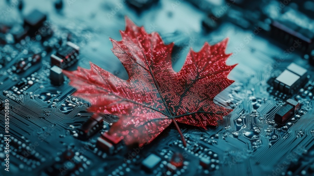 Poster red maple leaf merging with digital circuitry, representing harmony between nature and technology in