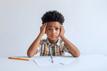Stressed young boy sits at a desk with papers, holding his head.