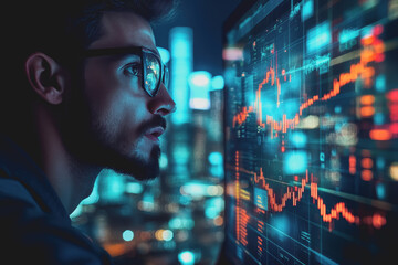 Businessperson Analyzing Fluctuating Stock Market Trends with Technology in a Modern Urban Environment at Night
