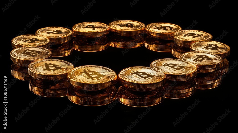 Poster golden bitcoin coins arranged in a circle on a black background reflecting light with a focus on cry