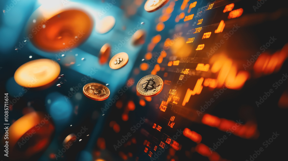 Poster abstract image of falling coins against a blurred background representing digital currency and crypt