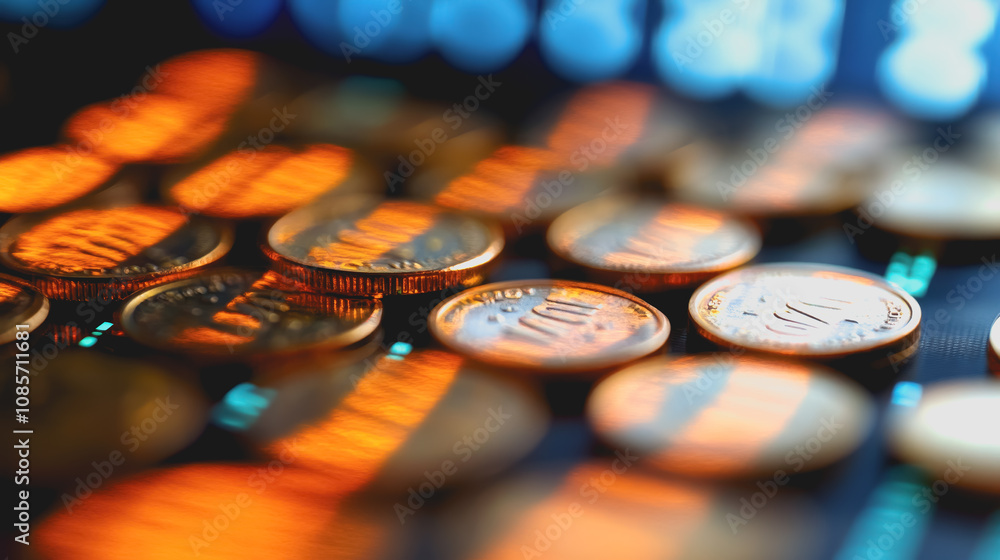 Poster abstract image of blurred coins falling against a vivid background, capturing the motion and texture