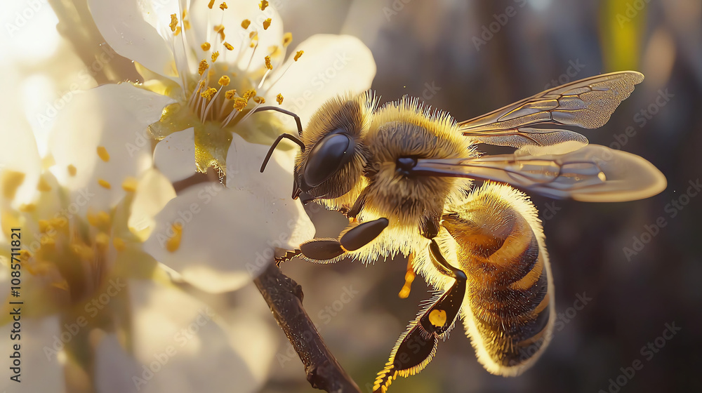 Poster close-up of a honeybee approaching a flower in soft sunlight, showcasing its intricate features and 