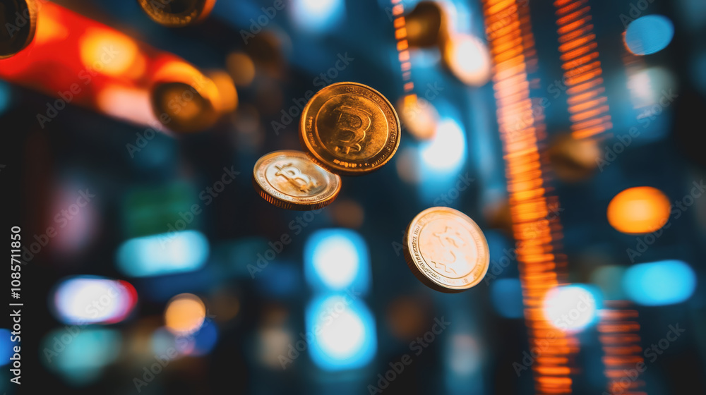 Poster abstract image of falling coins against a blurred colorful background with a stock market feel empha