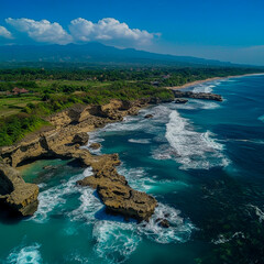 Fototapeta premium Aerial view of Drini Beach, Gunungkidul, showcasing the stunning coastline of Yogyakarta