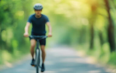 blurred man cycling with helmet on nature trail, surrounded by greenery, evokes sense of freedom and adventure. Public Health Campaigns concept.