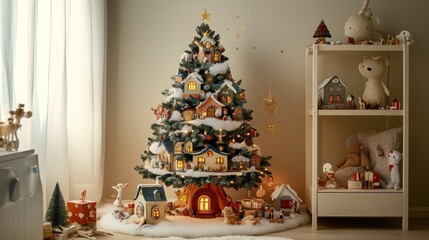 A Christmas tree decorated with miniature houses, animals, and lights, surrounded by gifts and decorations.