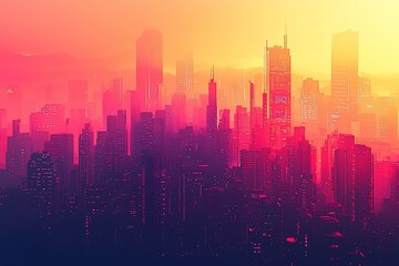Dreamy Urban Sunset: A Vibrant Cityscape in Hues of Pink and Orange