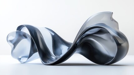 Modern abstract 3D shape with sleek curves and sharp edges, set against a white background, perfect for graphic design use.