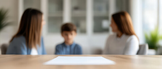 Fototapeta premium family sitting around blurred table discussing important matters, creating warm and engaging atmosphere. Public Health Campaigns concept.