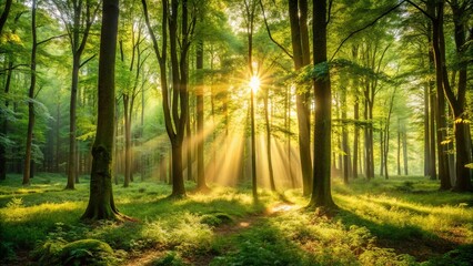 Obraz premium Sunbeams Illuminate a Mystical Green Forest at Dawn
