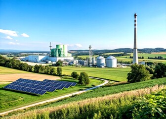 Fototapeta premium Expansive View of a Biomass Power Plant with Green Energy Solutions, Eco-Friendly Infrastructure, and Sustainable Technology in a Scenic Landscape