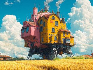 Obraz premium a large, old-fashioned house with a train engine on its roof, traveling down a dirt road in a field with yellow flowers. The sky is cloudy, and the house has a red chimney.