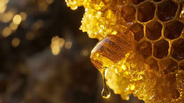 Close-up view of a honeycomb showcasing a golden drop of honey glistening in the sunlight
