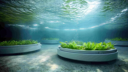 Futuristic underwater city with circular gardens, vibrant aquatic life, and serene blue waters. tranquil and innovative environment showcasing marine flora