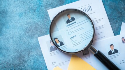 Close-Up of a Magnifying Glass Over Resumes with Business Profiles and Charts on a Colorful Background for Hiring and Recruitment Concepts