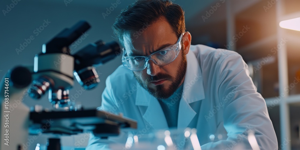 Poster a scientist in a lab setting examines samples under a microscope. focused and determined, he embodie