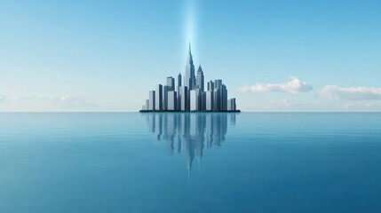 futuristic underwater city with towering skyscrapers reflecting in calm waters, showcasing advanced architecture and serene beauty